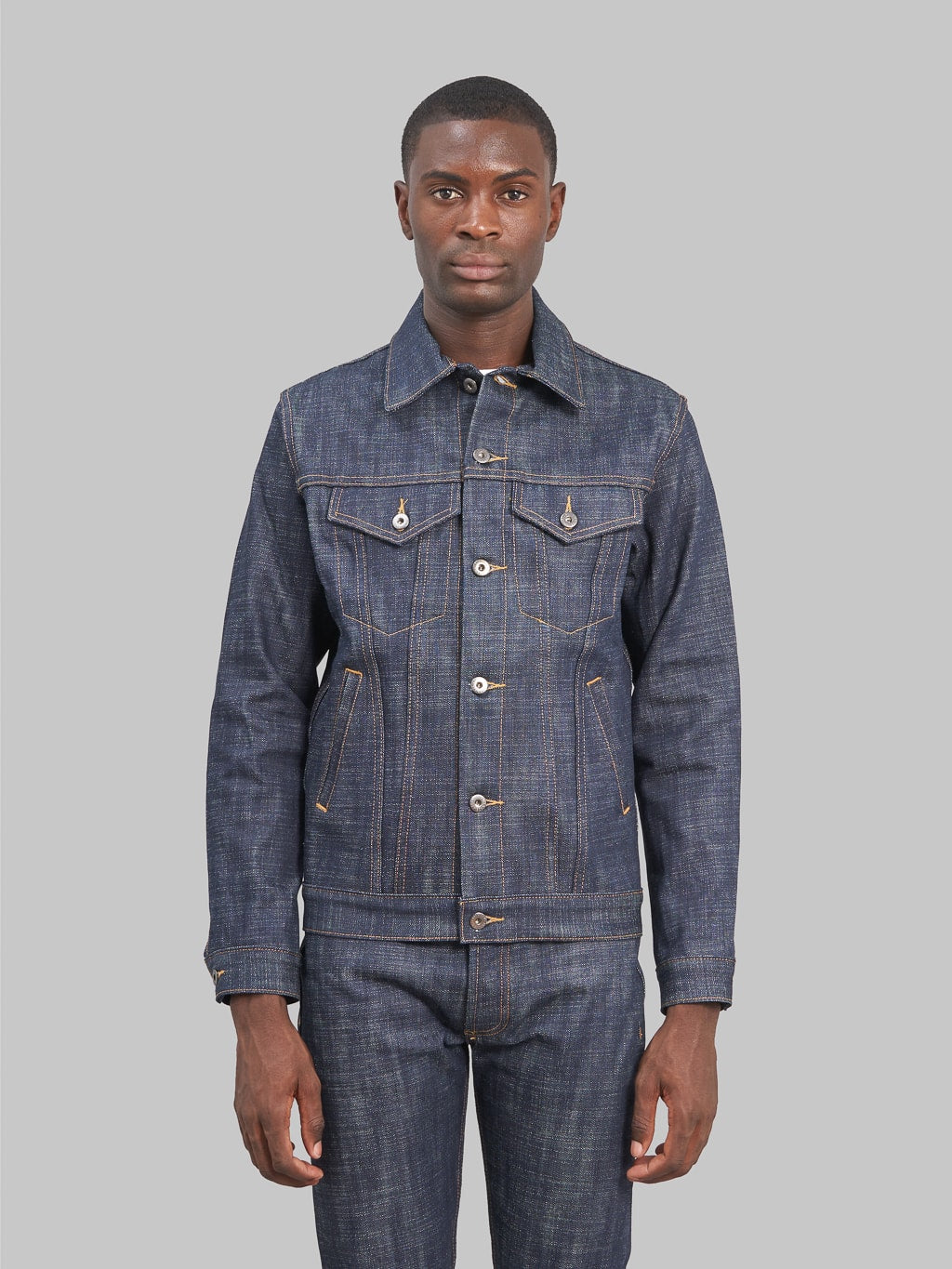 3sixteen 20th Anniversary Natural Indigo Type 3s Denim Jacket model front fit