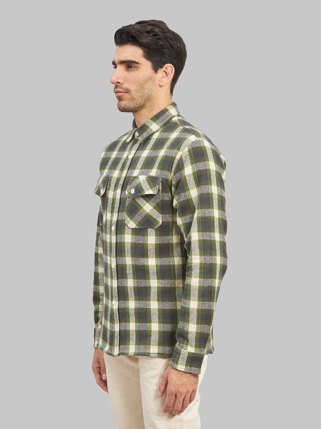 3sixteen Crosscut Flannel Emerald Shaggy Check model side fit