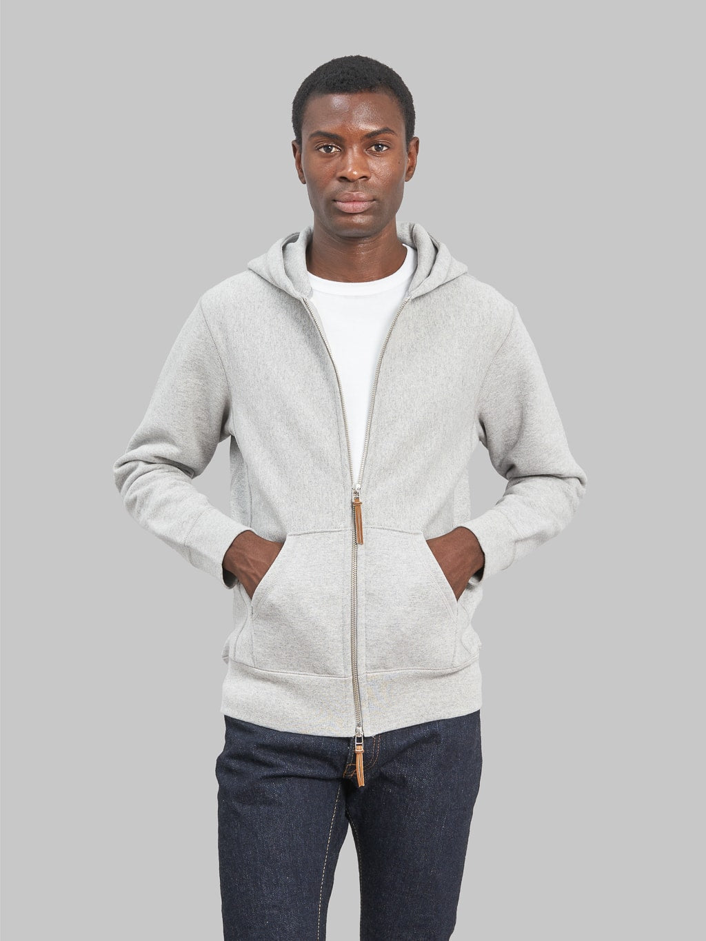 3sixteen Heavyweight Zip Hoody grey front pockets model front look