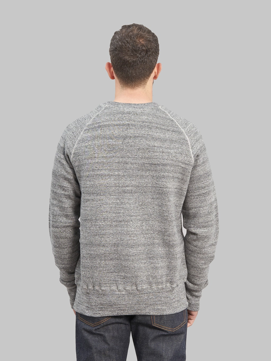 Denime By Warehouse loopwheel Needle Raglan Sweatshirt Dark Heather Grey back fit