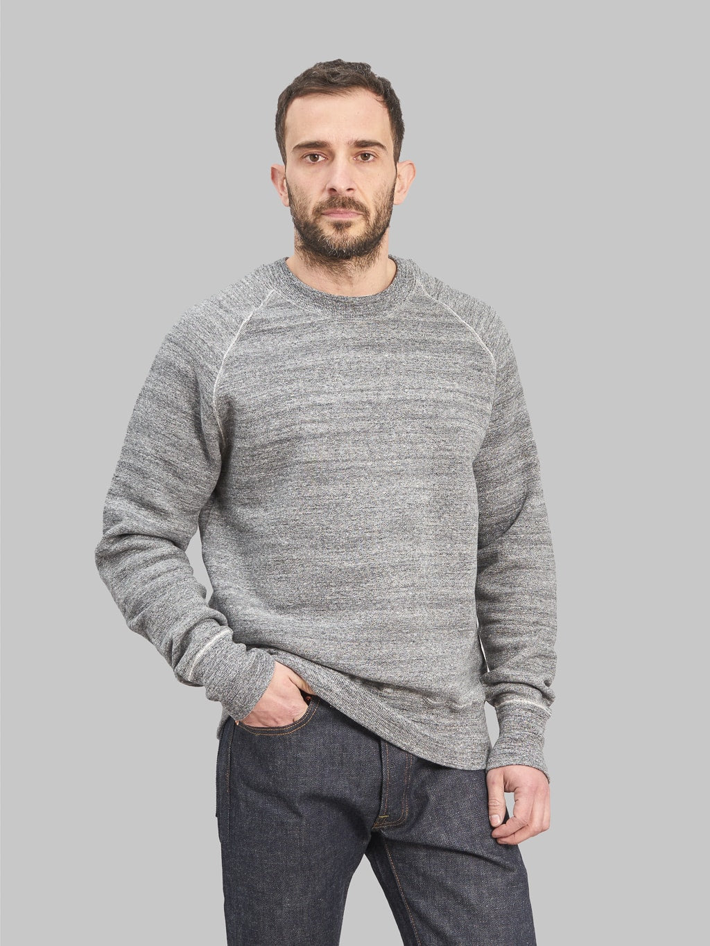 Denime By Warehouse loopwheel Needle Raglan Sweatshirt Dark Heather Grey front fit