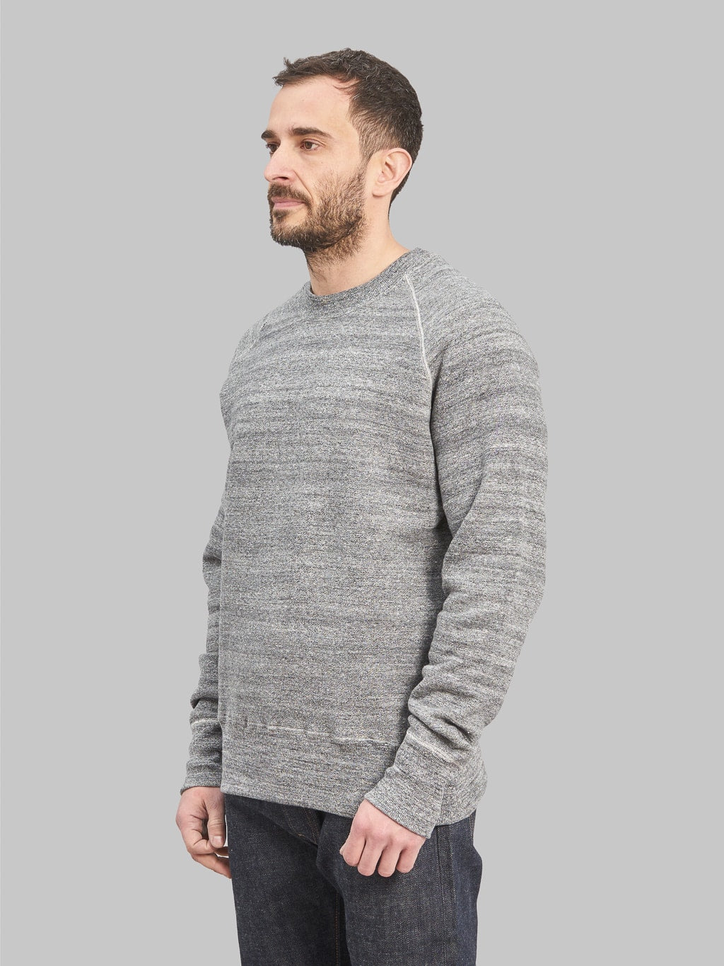 Denime By Warehouse loopwheel Needle Raglan Sweatshirt Dark Heather Grey side fit