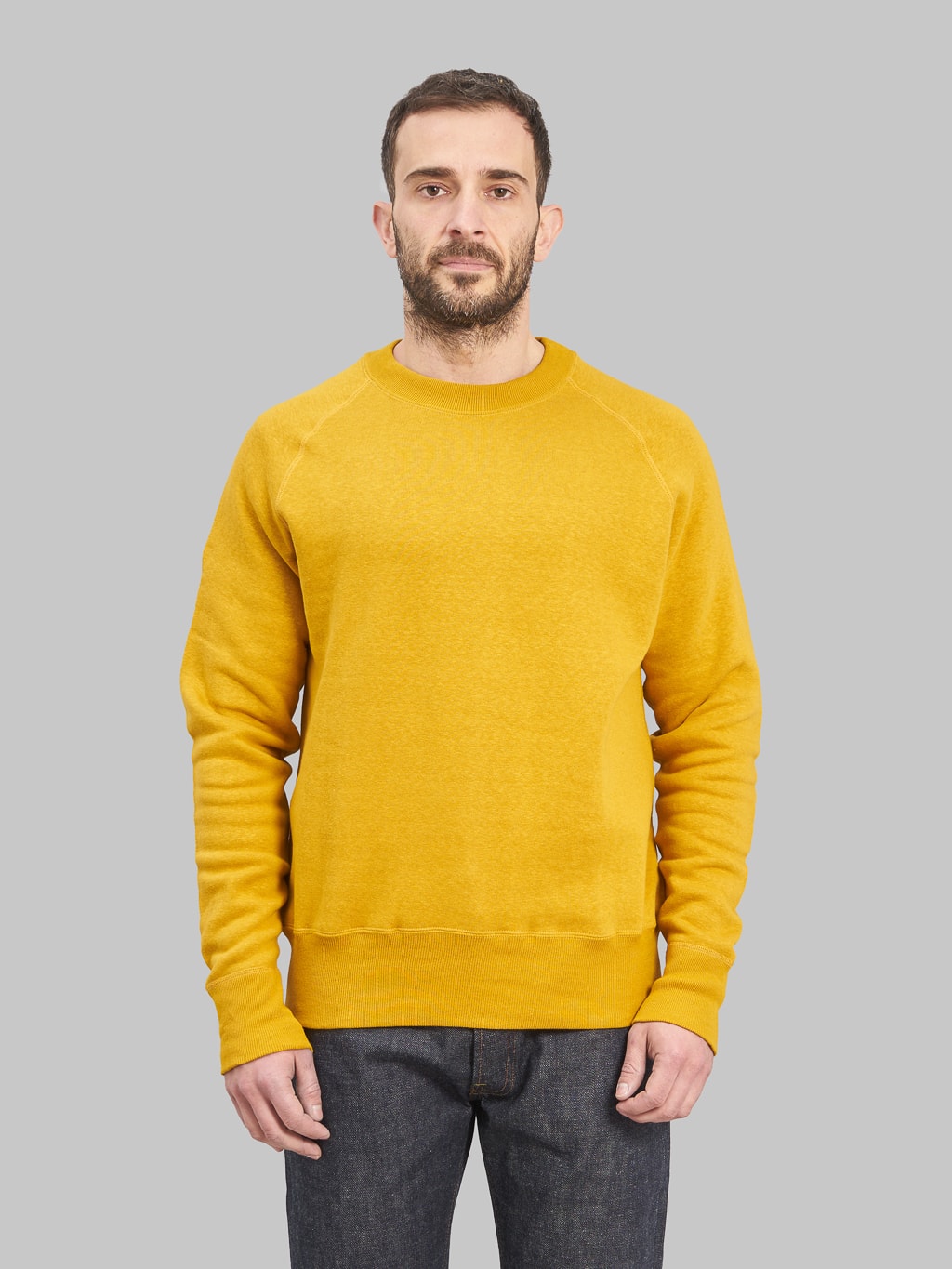 Denime By Warehouse loopwheel Needle Raglan Sweatshirt Dark Heather yellow front fit
