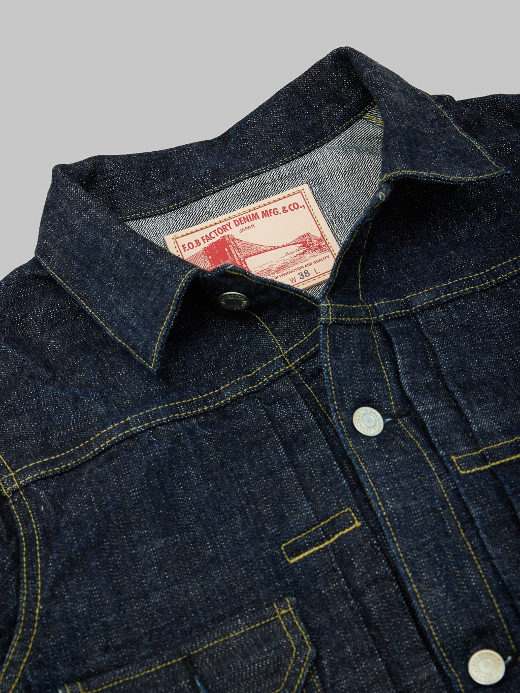 Fob factory Type III denim jacket selvedge collar finish