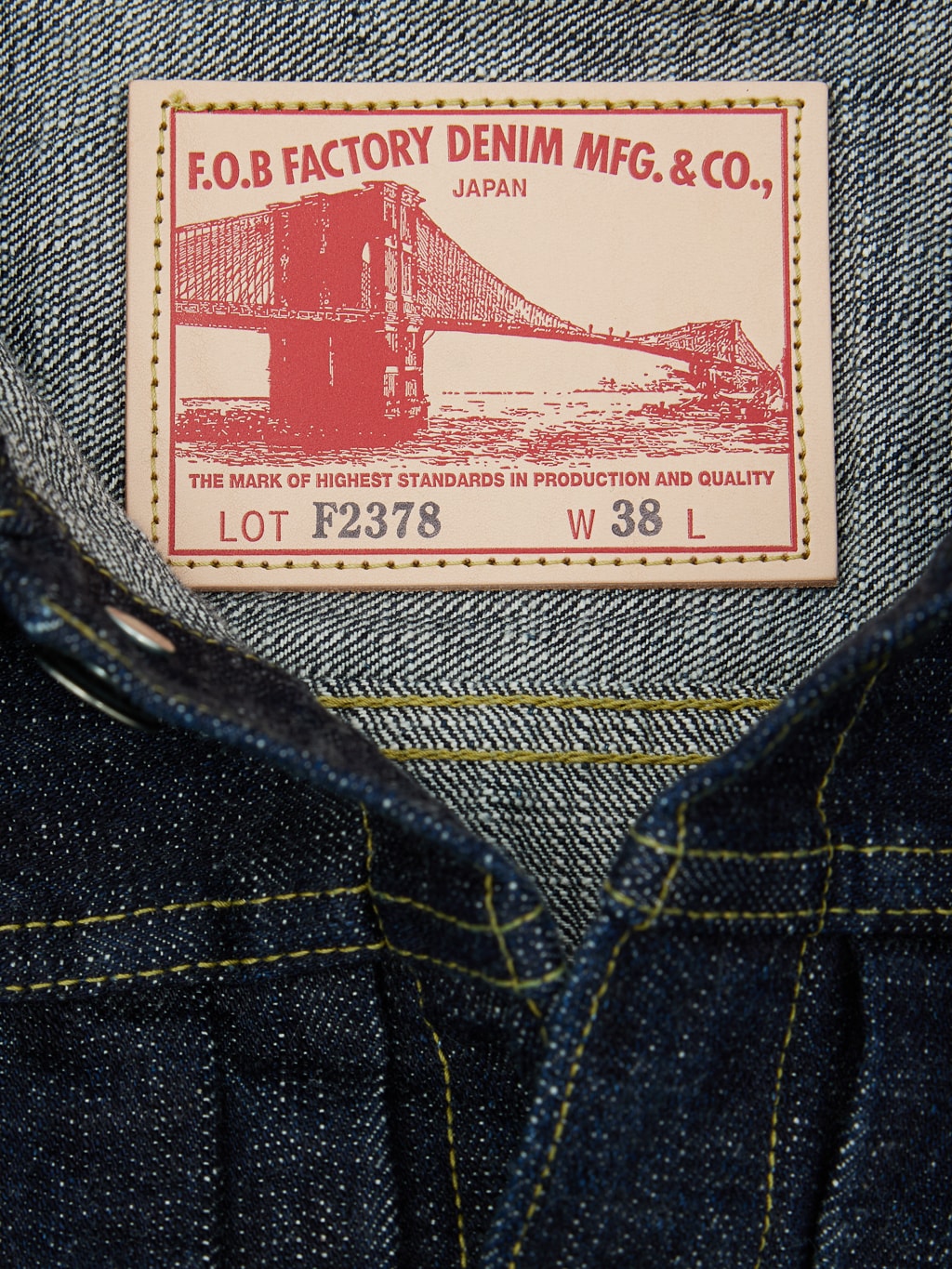 Fob factory Type III denim jacket selvedge interior leather patch