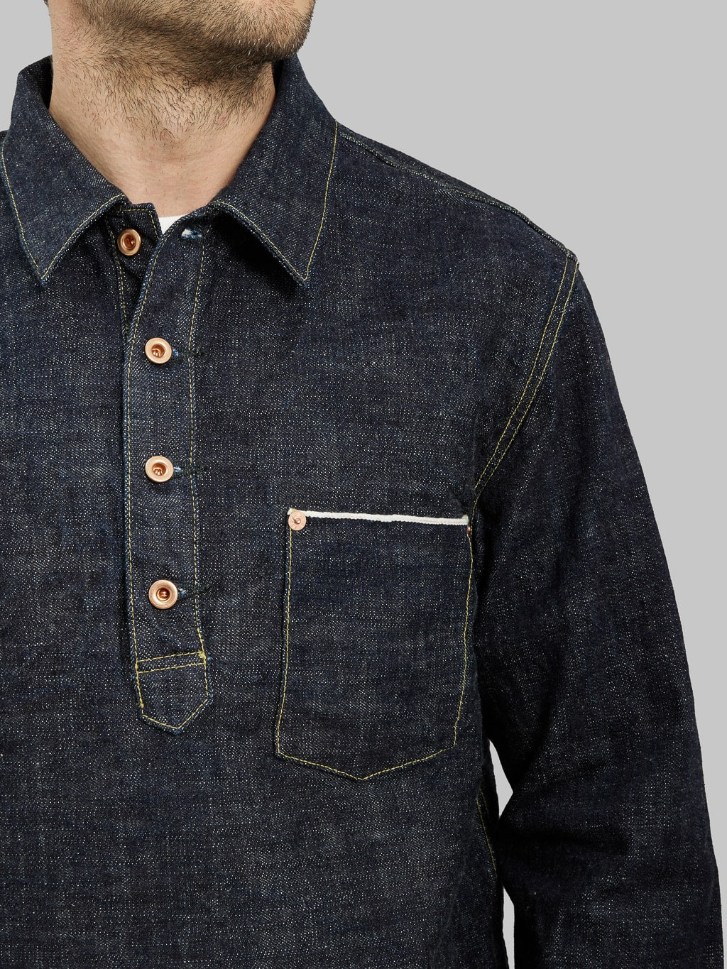 Fob factory denim pullover pocket shirt chest pocket detail