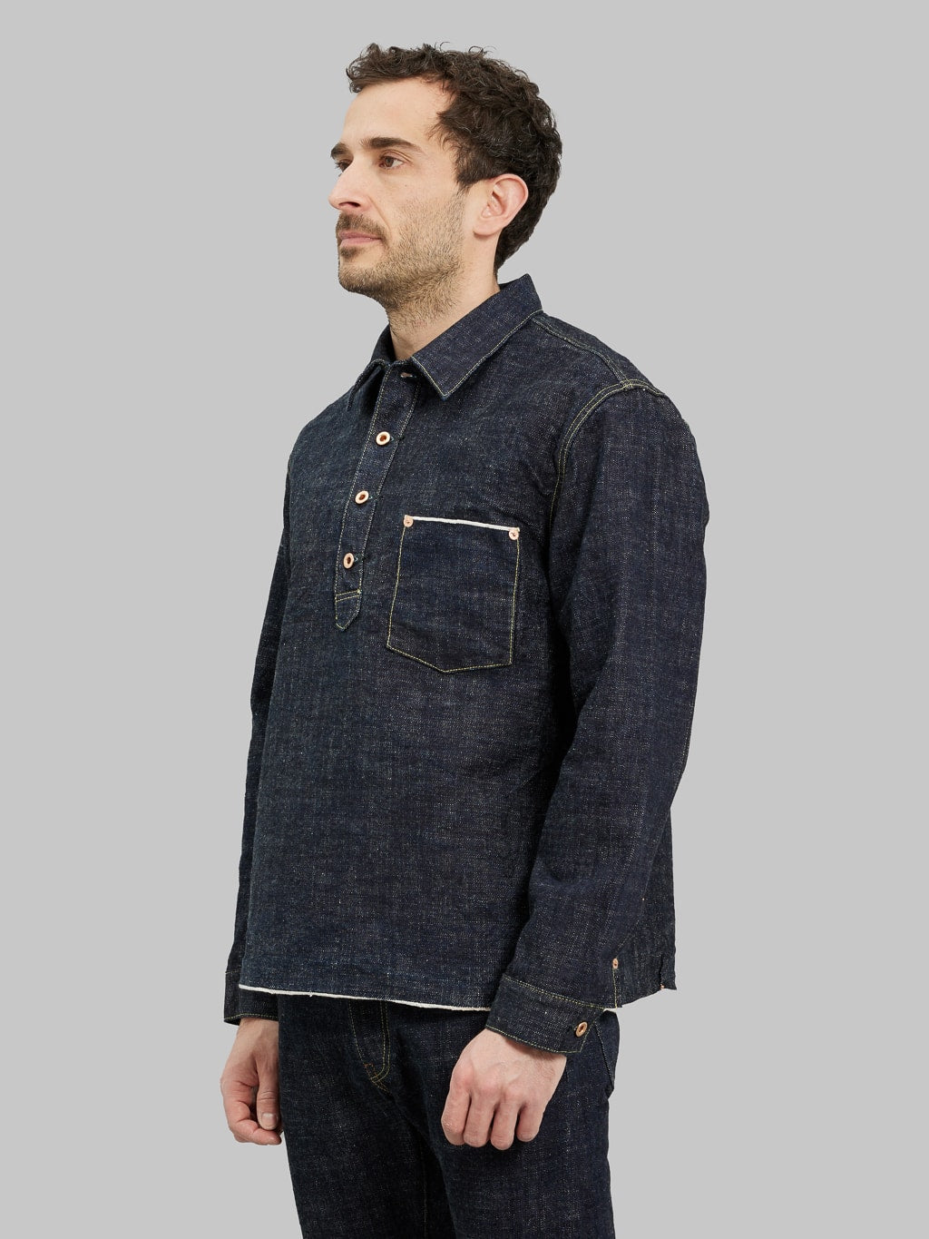 Fob factory denim pullover pocket shirt model side view