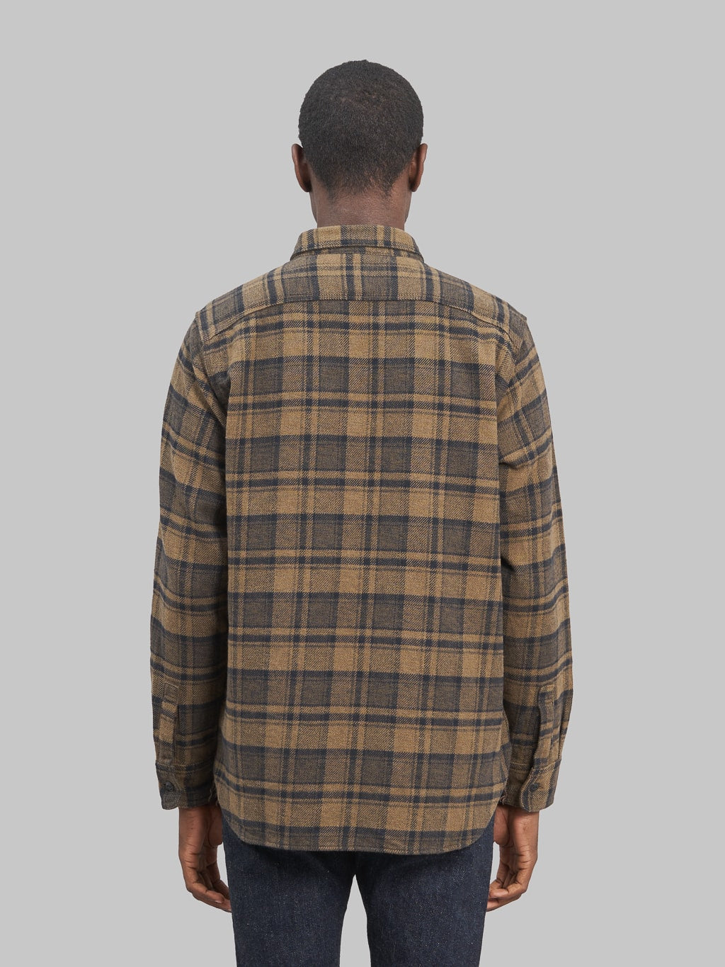 Fob Factory F3497 Nel Check Work flannel Shirt Brown model back look