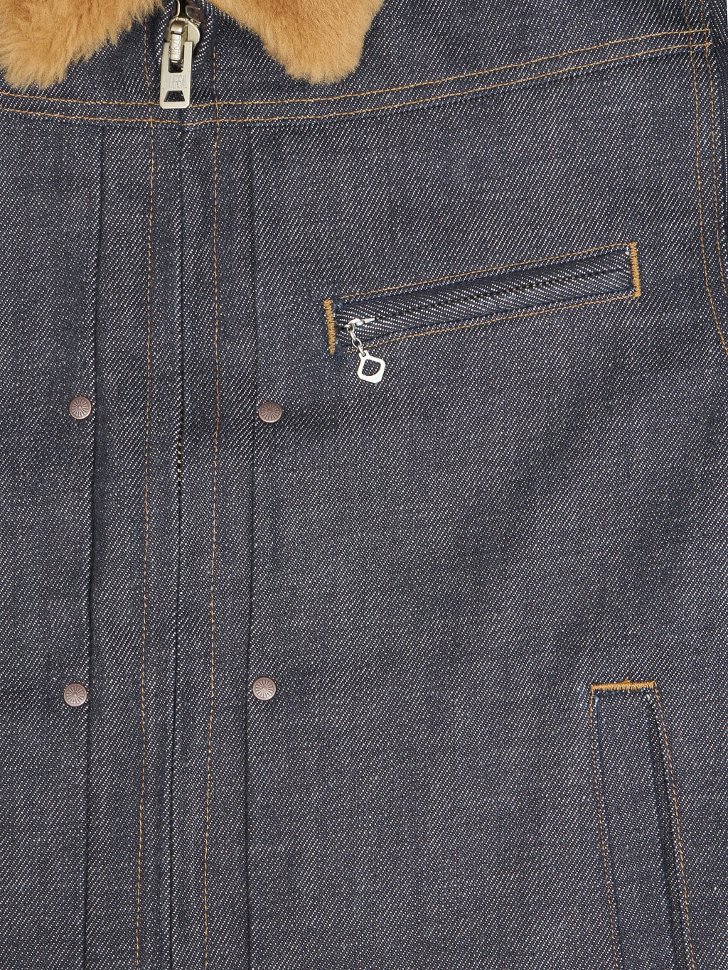 Freenote cloth denim shearling jacket chest pocket zipper 