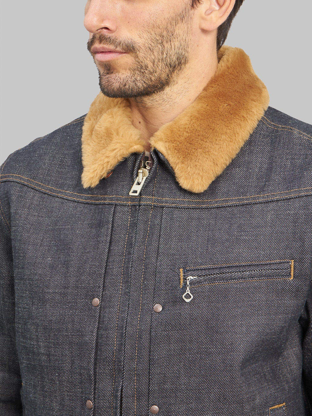 Freenote Cloth Denim Shearling Jacket front chest details