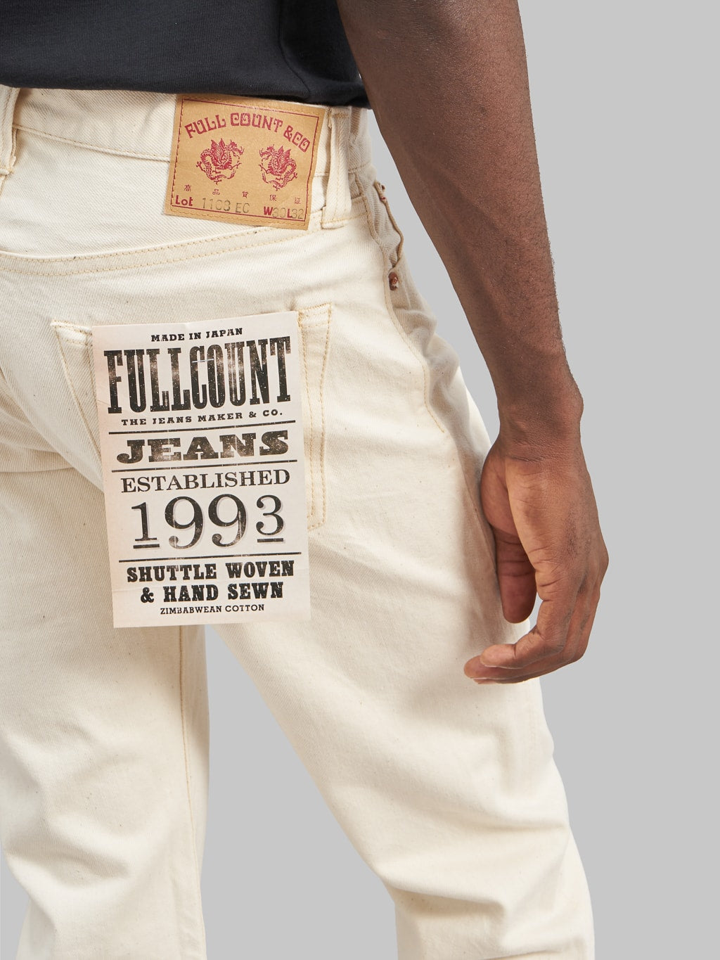 Fullcount 1108EC 13oz Ecru Selvedge Slim Straight Jeans back pocket