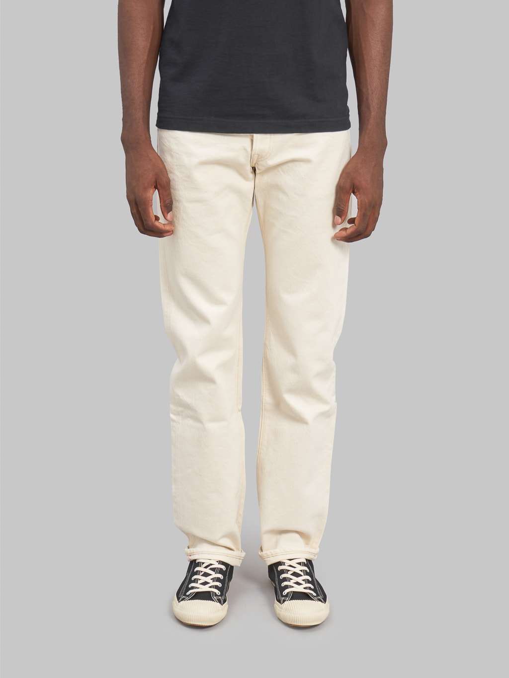 Fullcount 1108EC 13oz Ecru Selvedge Slim Straight Jeans front fit