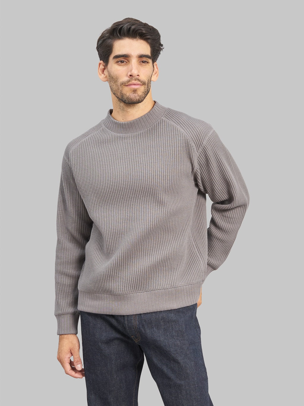 Jackman Waffle Midneck Sweater Iron Grey model front fit