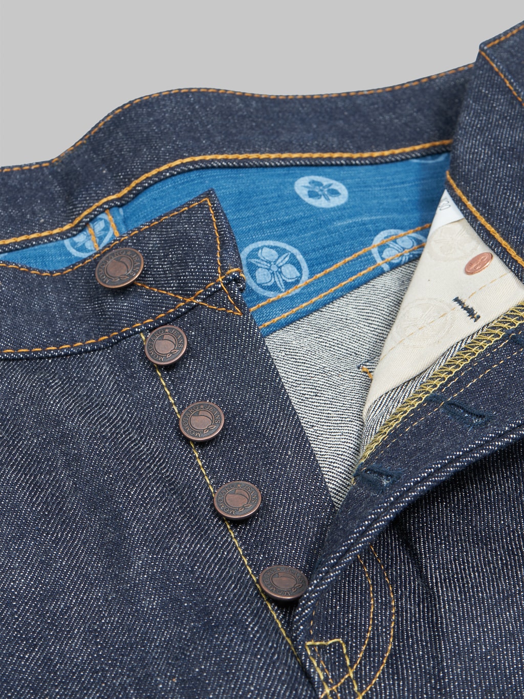 Momotaro legacy blue high tapered jeans custom iron buttons