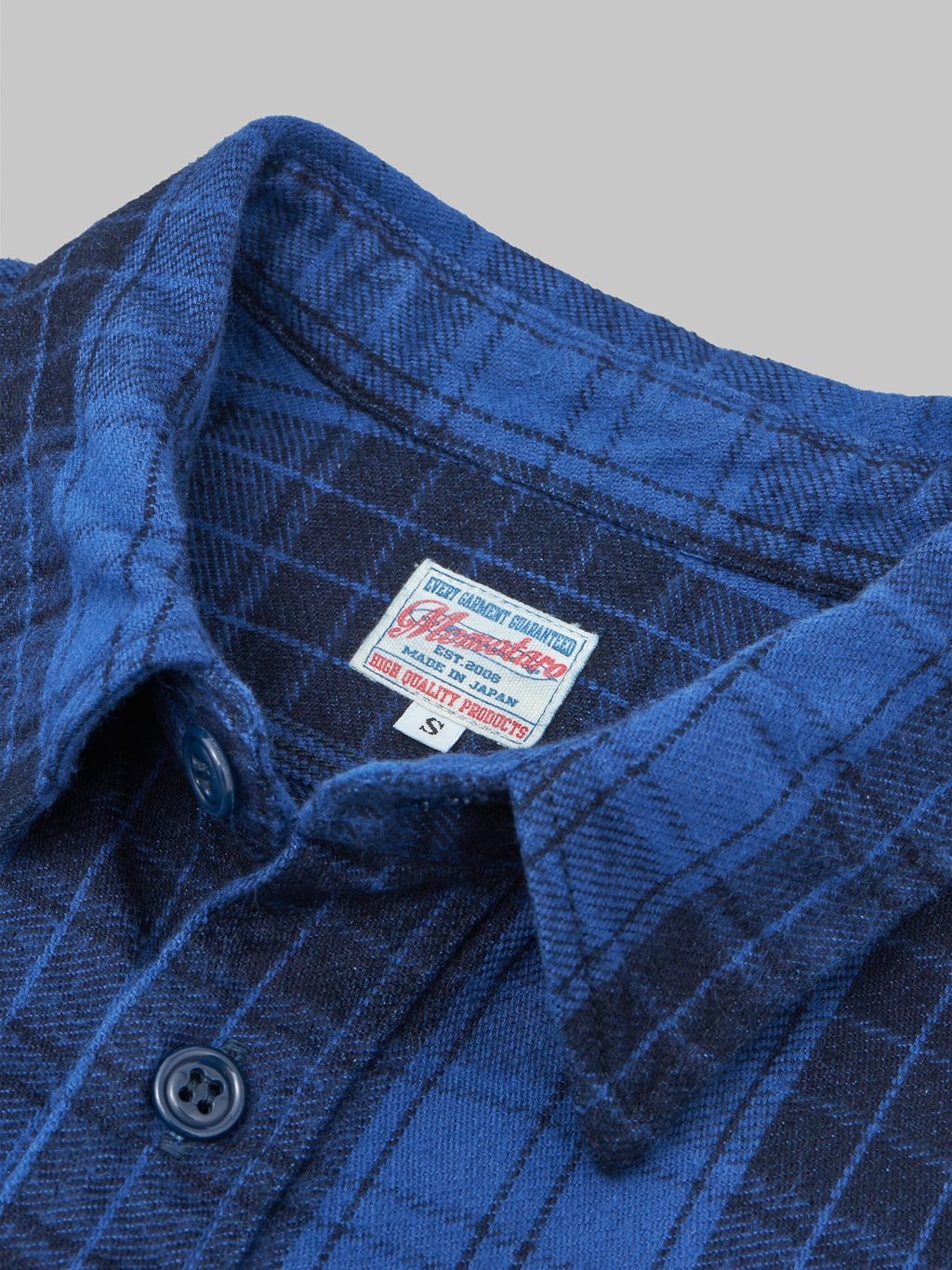 Momotaro original indigo twill check flannel shirt brand label