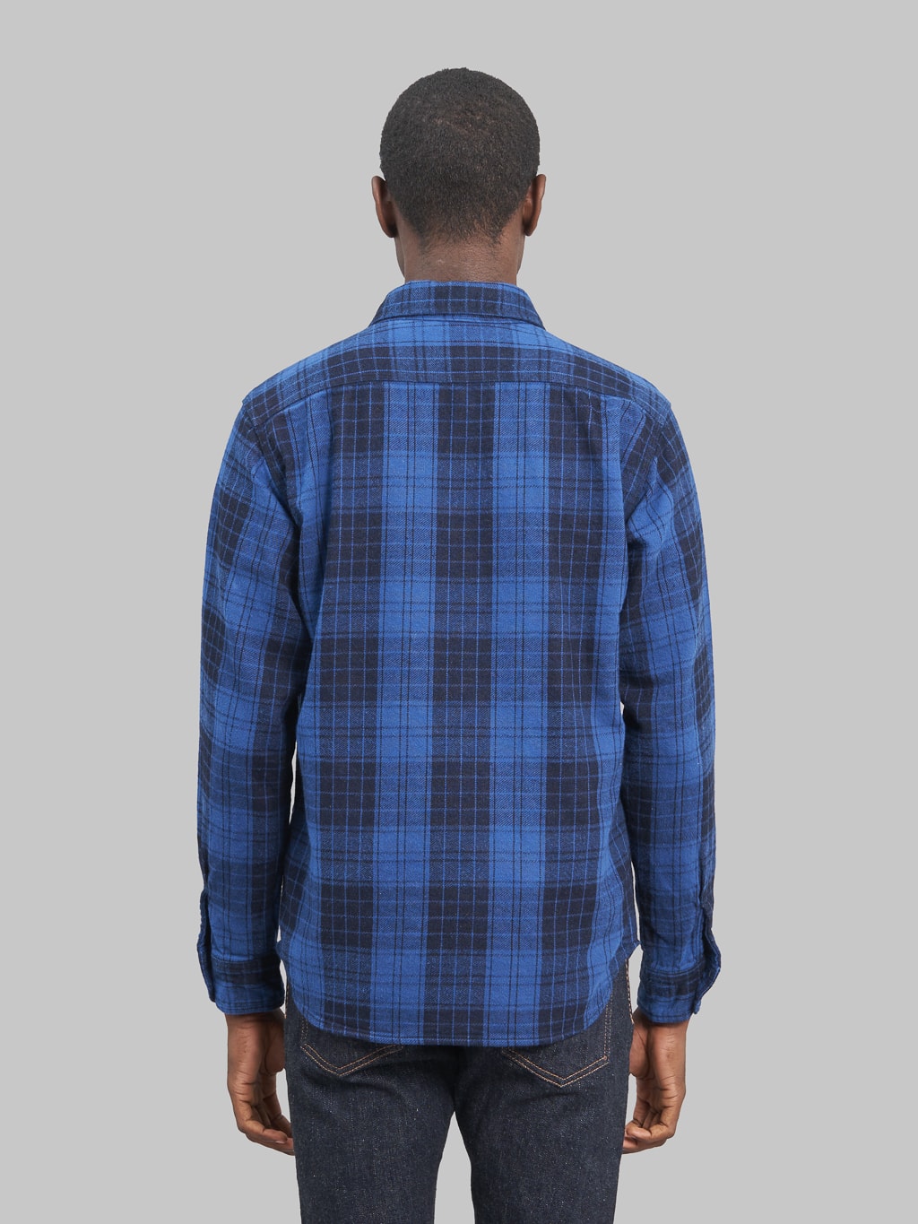 Momotaro original indigo twill check flannel shirt model back fit