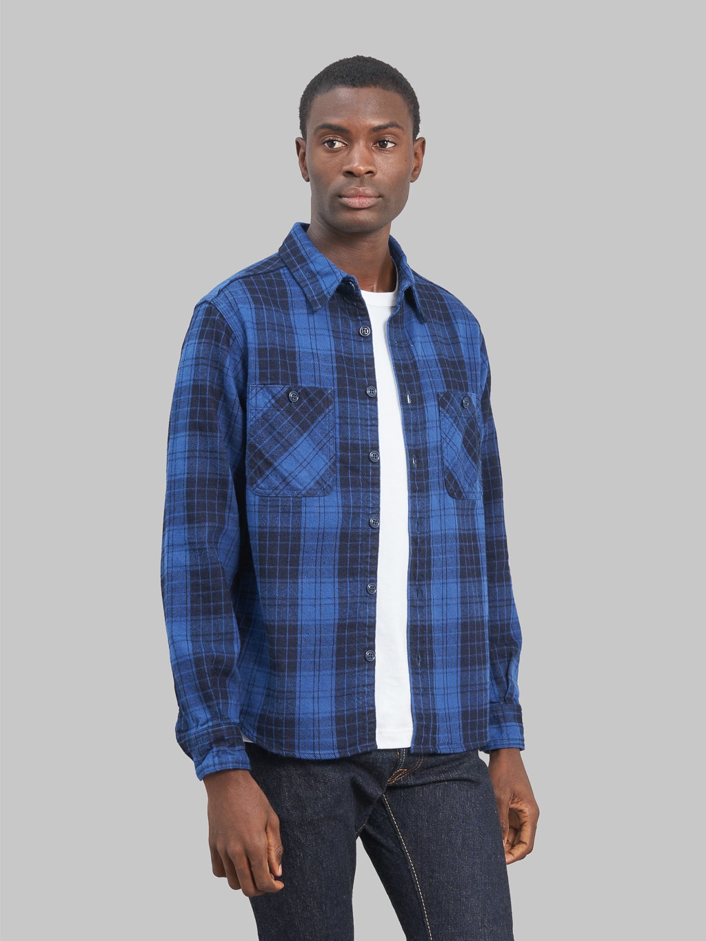 Momotaro original indigo twill check flannel shirt unbottoned fit