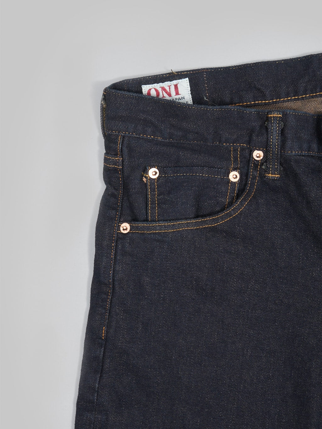 ONI Denim 122S Mocha Weft 15oz Stretch Relax Tapered Jeans coin pouch