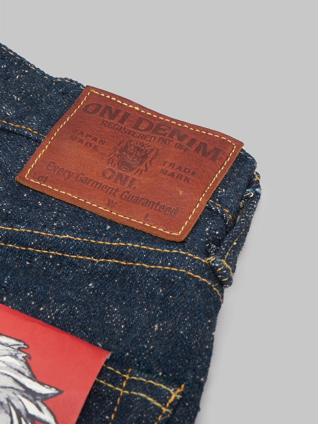 ONI Denim 246SESR Secret Super Rough Neat Straight selvedge Jeans patch closeup