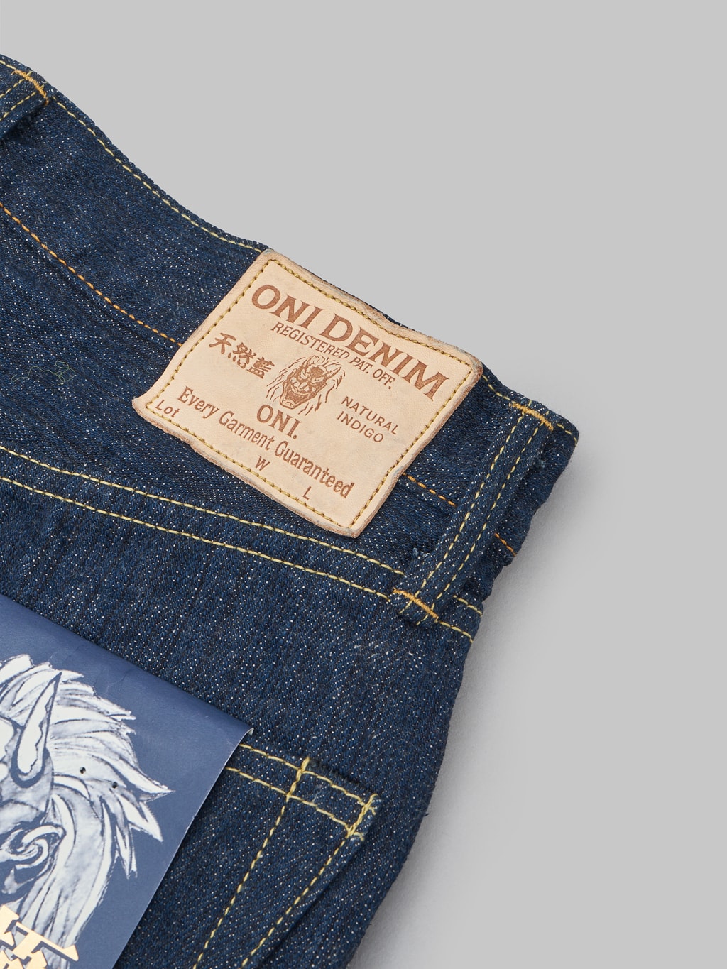Oni denim kiwami indigo regular selvedge jeans brand leather patch