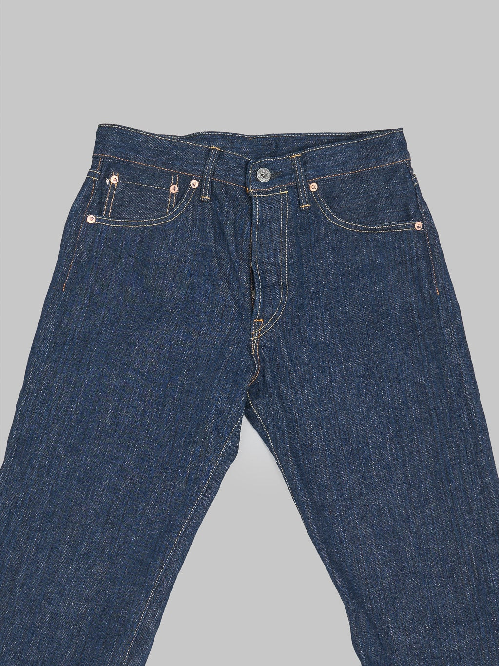Oni denim kiwami indigo regular selvedge jeans front view details