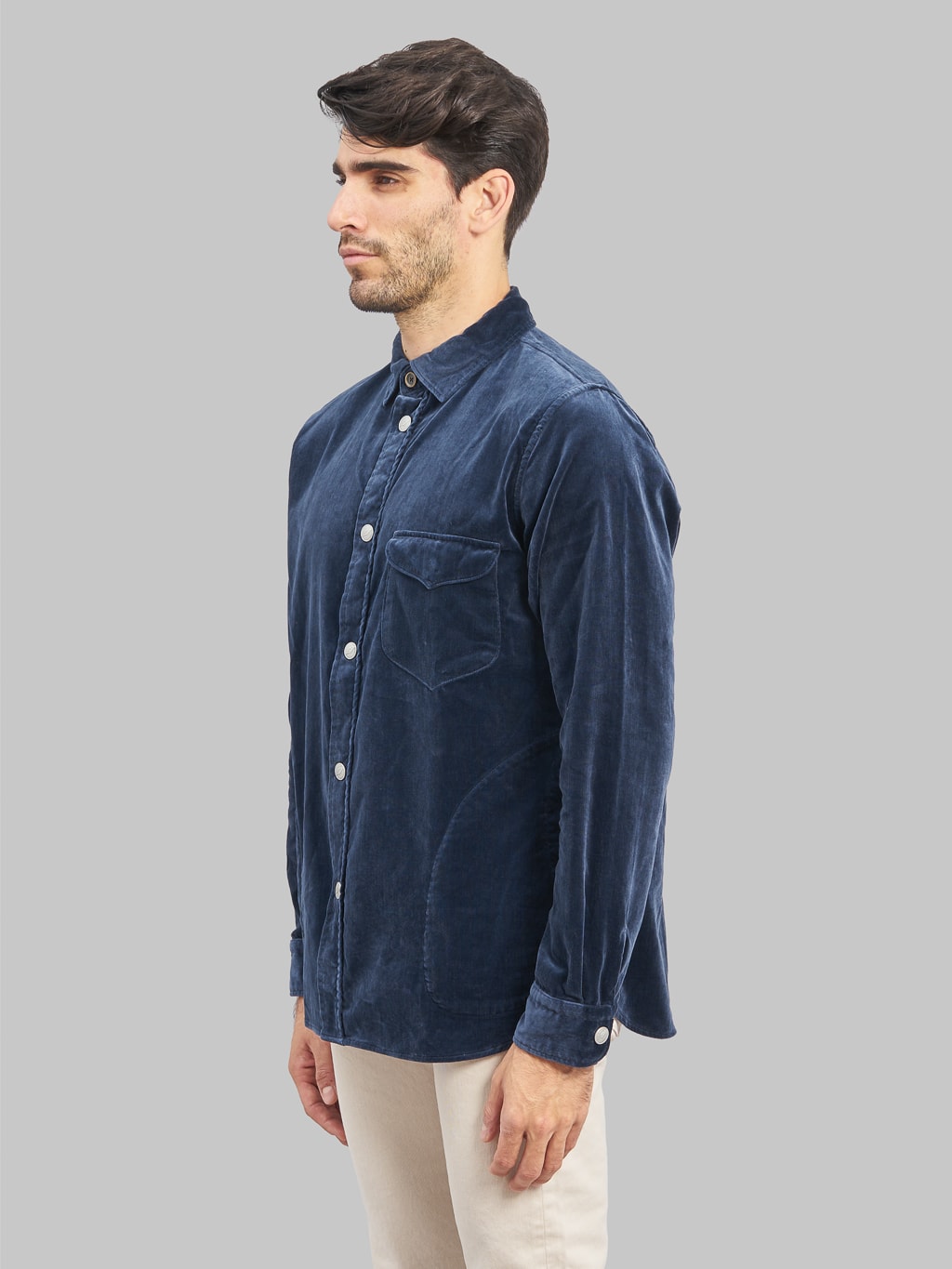Pure Blue Japan Cotton Velvet CPO Shirt Navy model side look