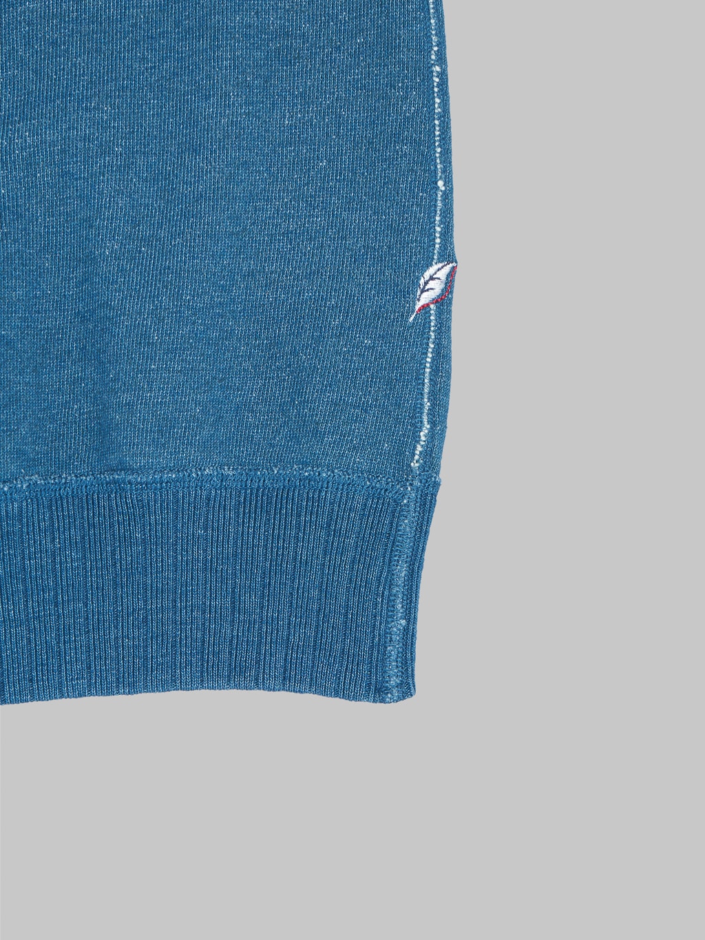 Pure Blue Japan Slub Yarn Sweatshirt Greencast Indigo hem closeup