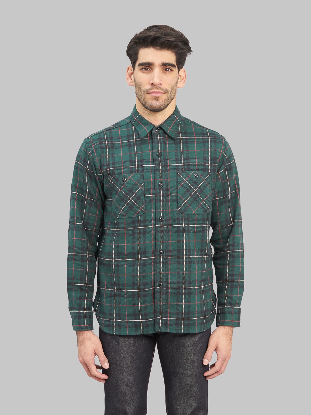 Sugar Cane Twill Check Flannel Shirt Green