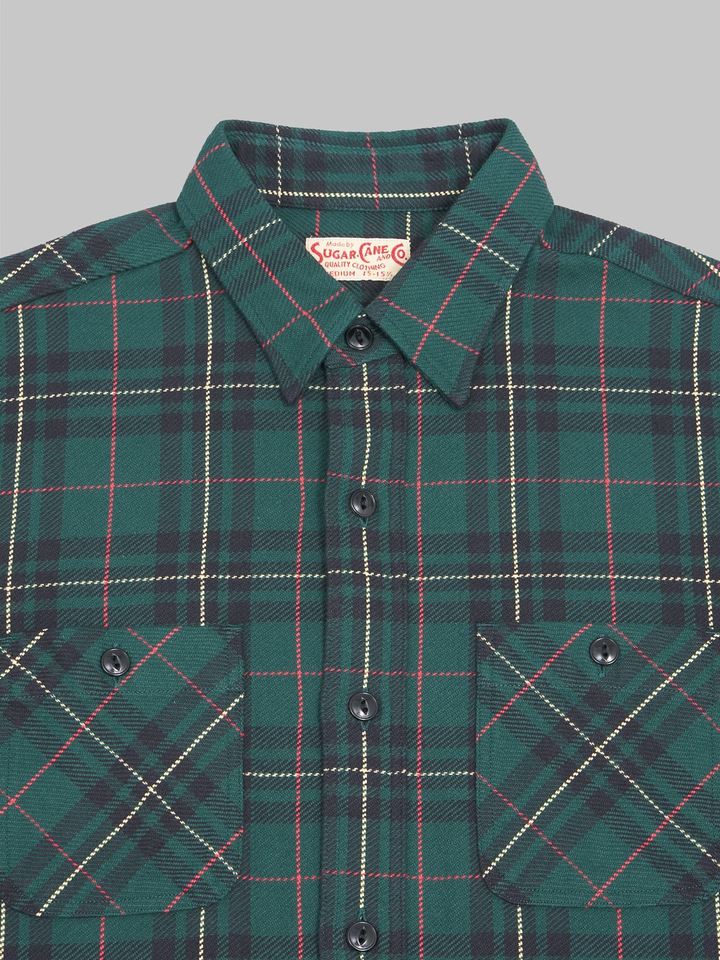 Sugar Cane Twill Check Flannel Shirt green front pocket