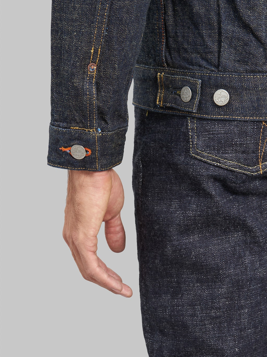 Tanuki soga selvedge denim type II jacket cuff details
