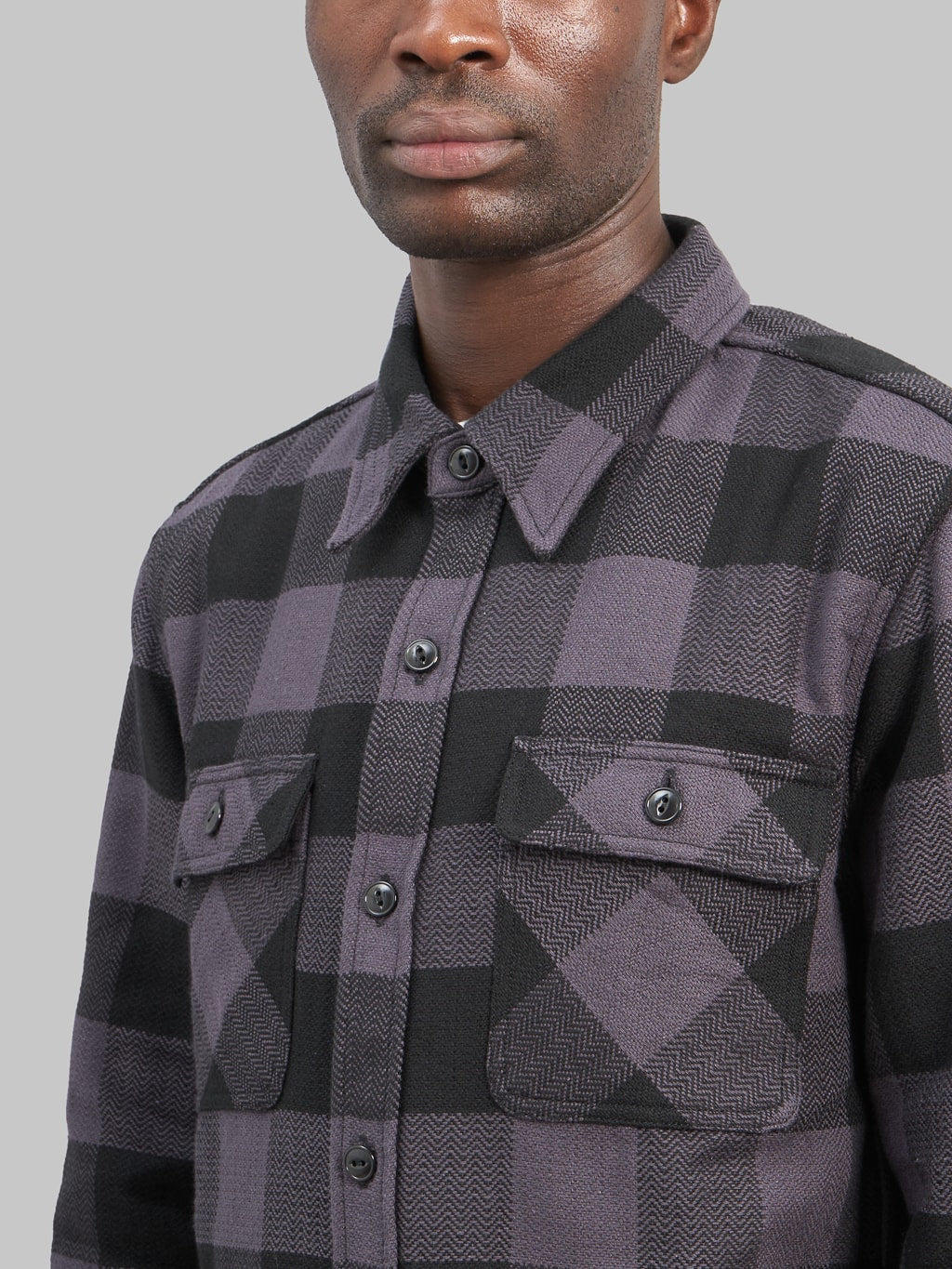 The Flat Head Block Check Flannel Shirt Grey chest pockets