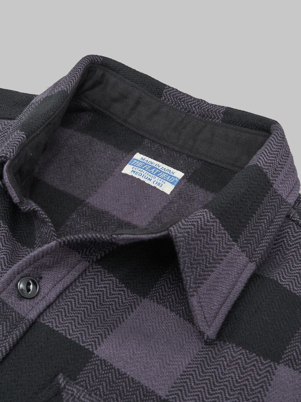 The Flat Head Block Check Flannel Shirt Grey collar fabric