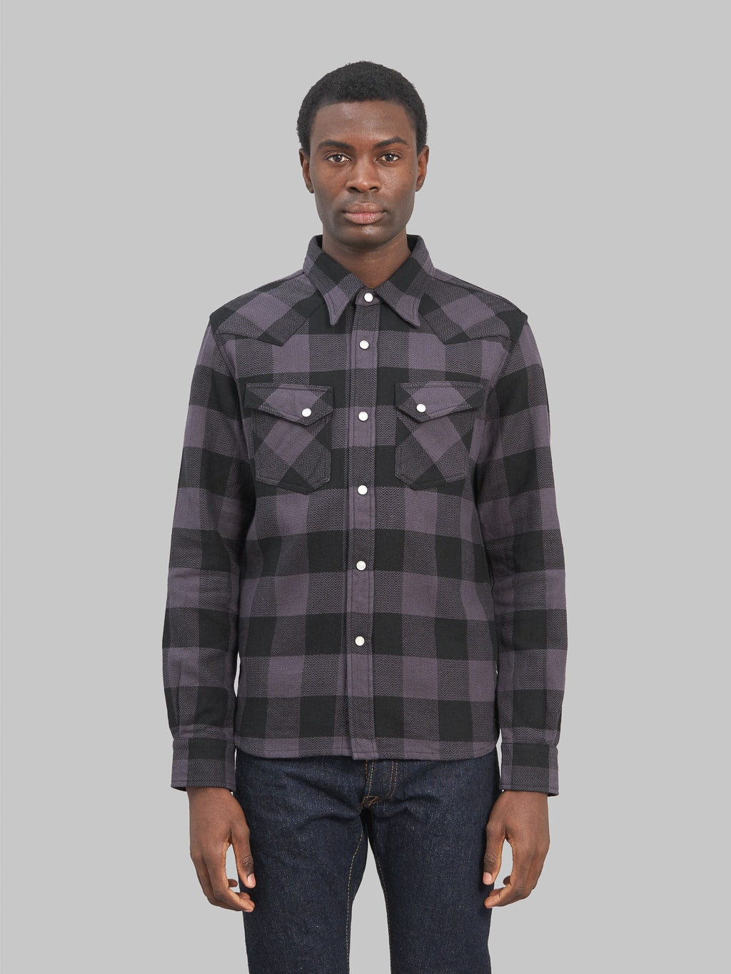 The Flat Head Block Check Flannel Western Shirt Grey Black front fit