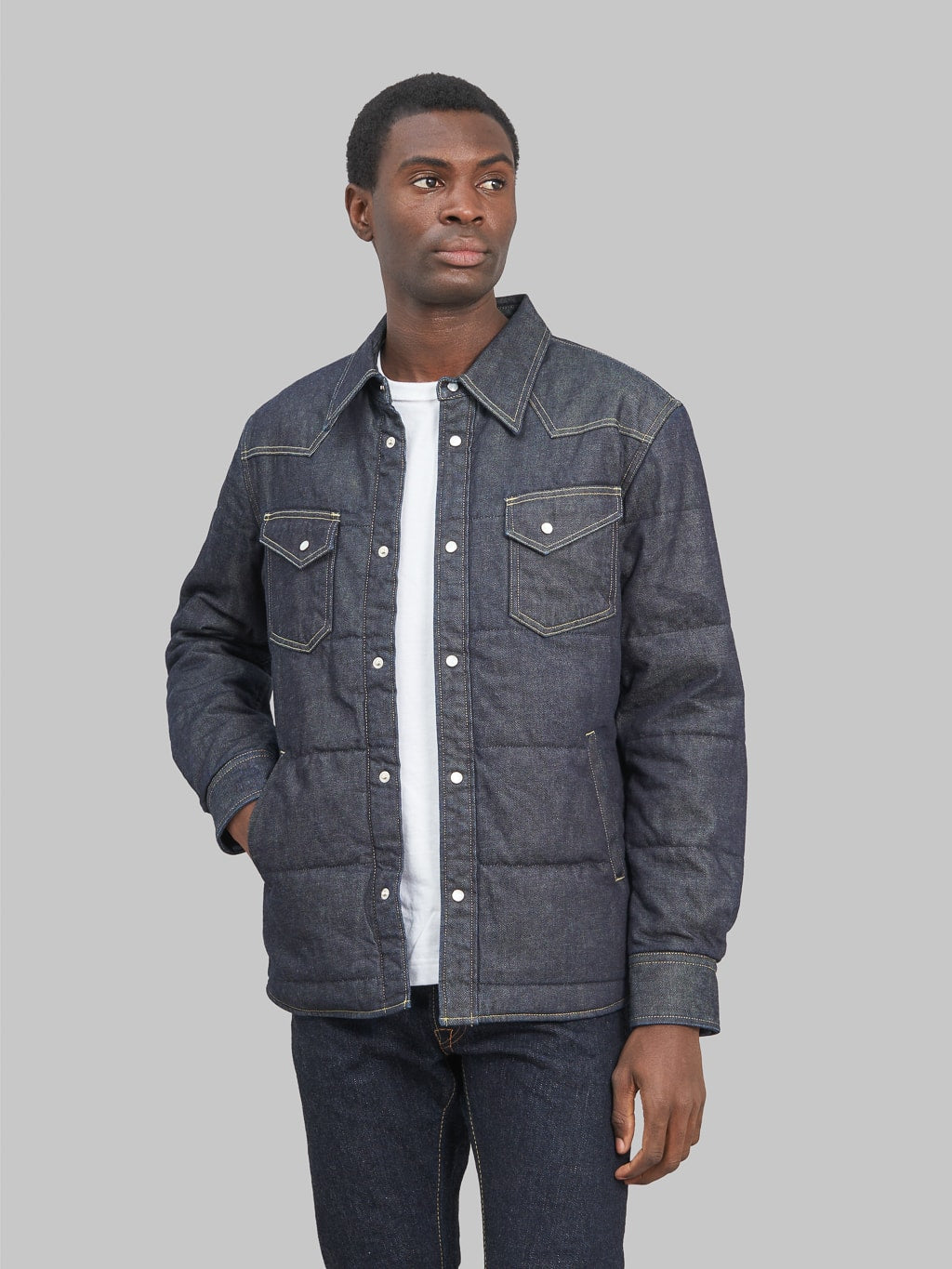 The Flat Head Denim Puffer Jacket style