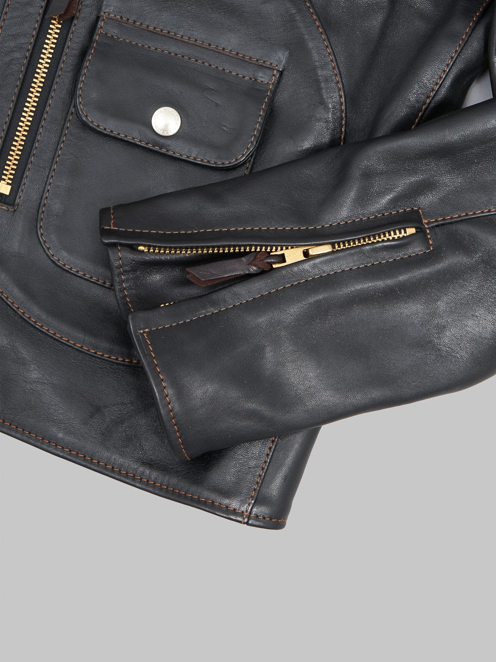 The Flat Head Horsehide Double Riders Jacket Black cuff details