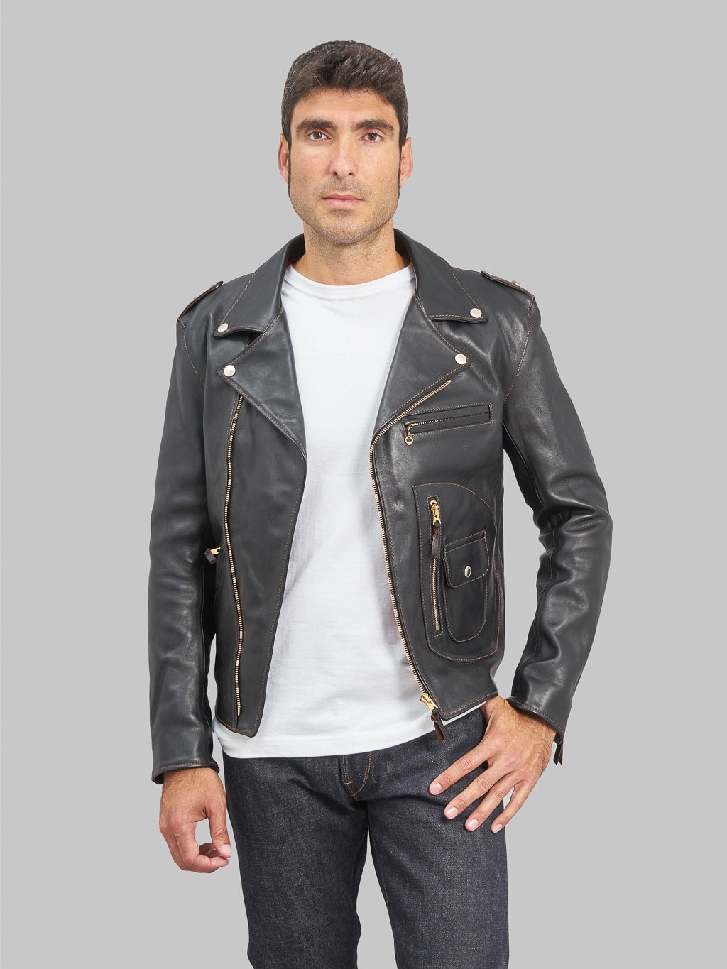 The Flat Head Horsehide Double Riders Jacket Black model front fit