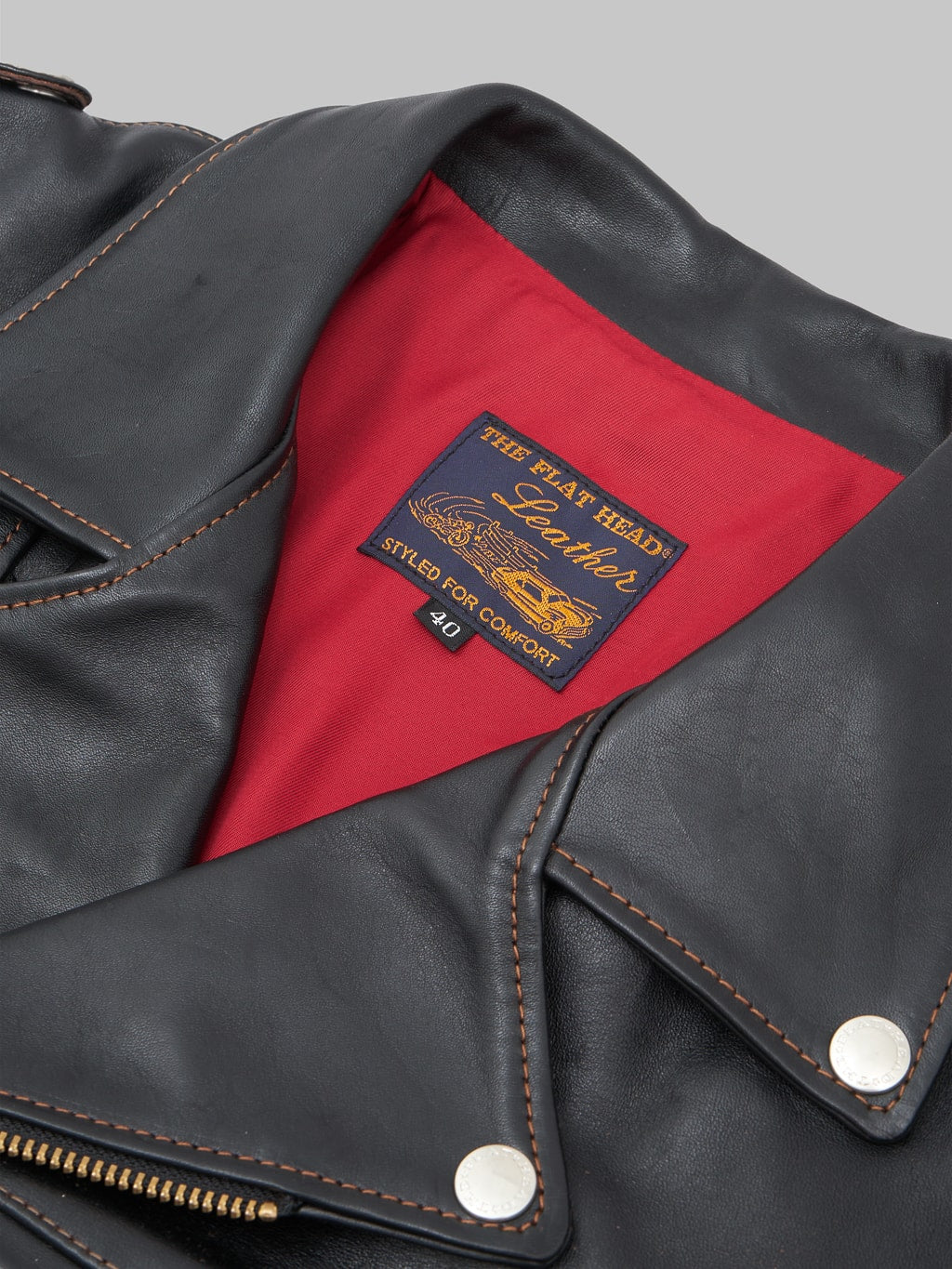 The Flat Head Horsehide Double Riders Jacket Black brand label
