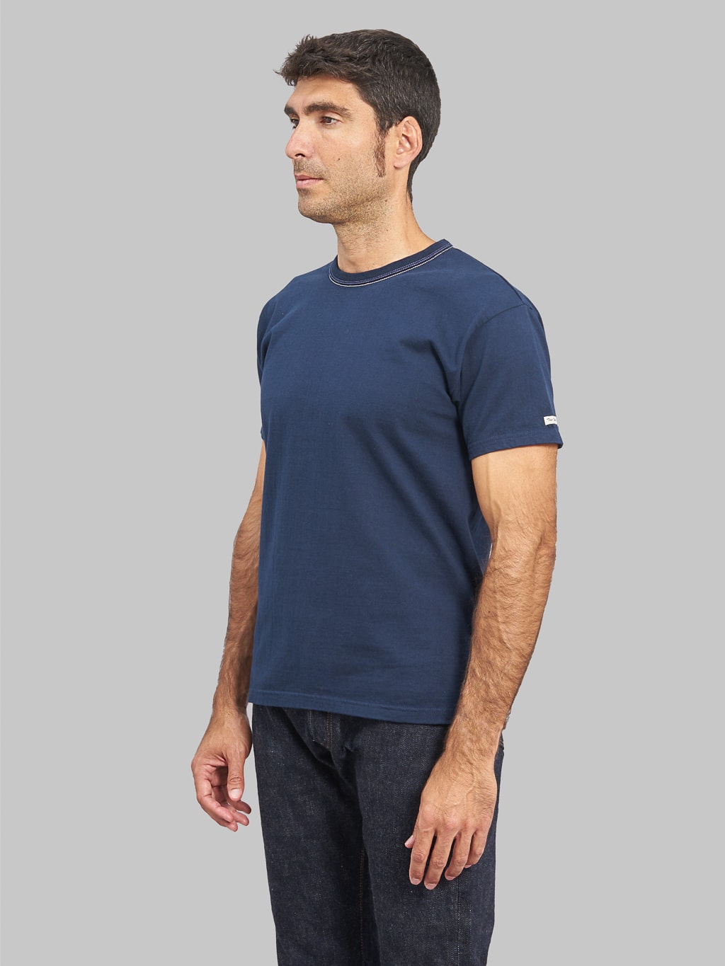 The Flat Head Loopwheeled Heavyweight Plain TShirt Navy model side fit