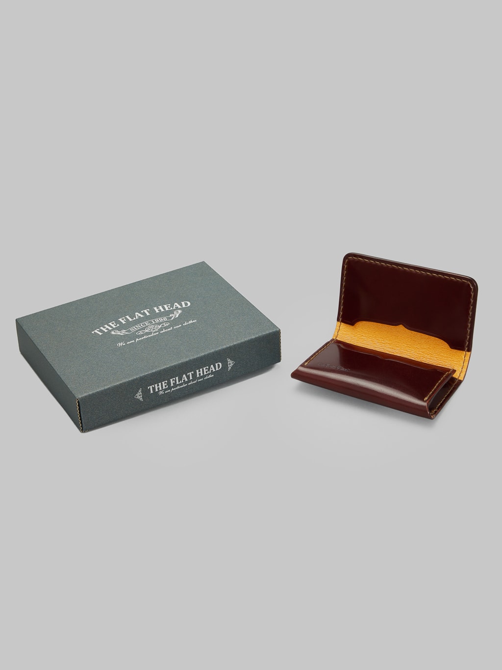 The Flat Head handsewn small cordovan card case brown packaging