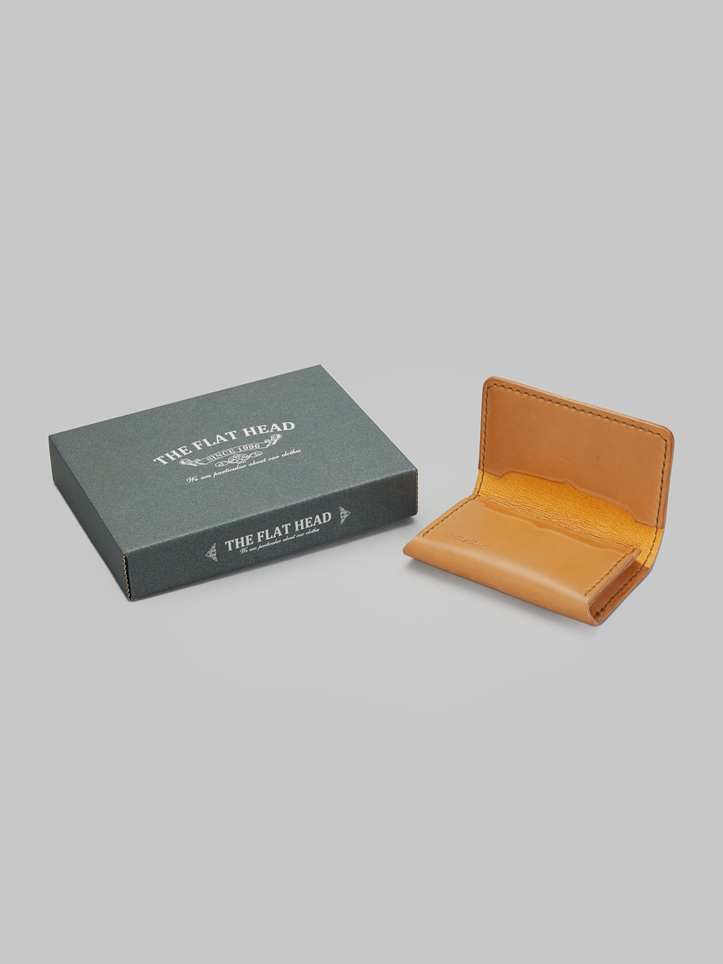 The Flat Head handsewn small cordovan card case camel packaging