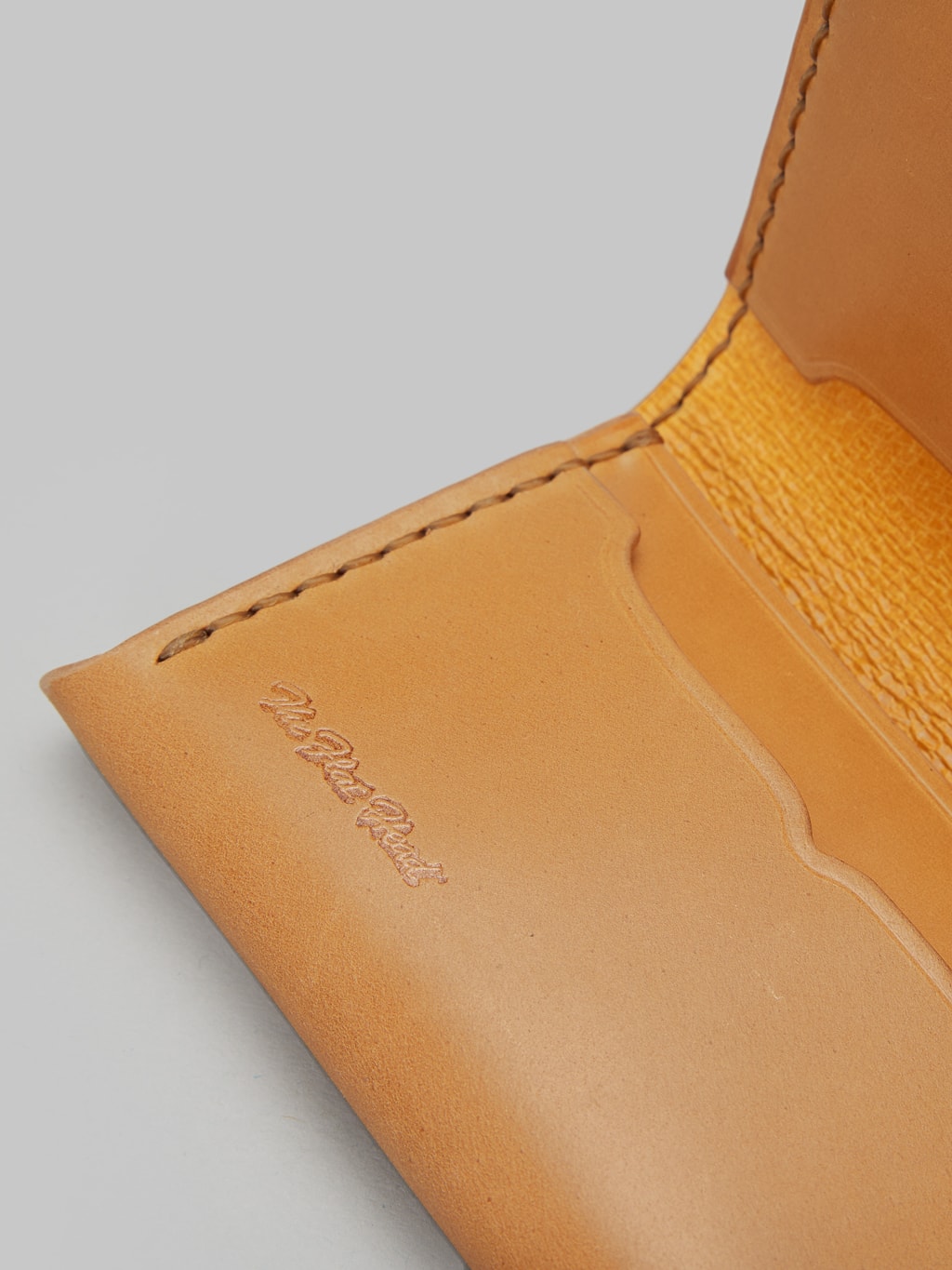 The Flat Head handsewn small cordovan card case camel stamped logo