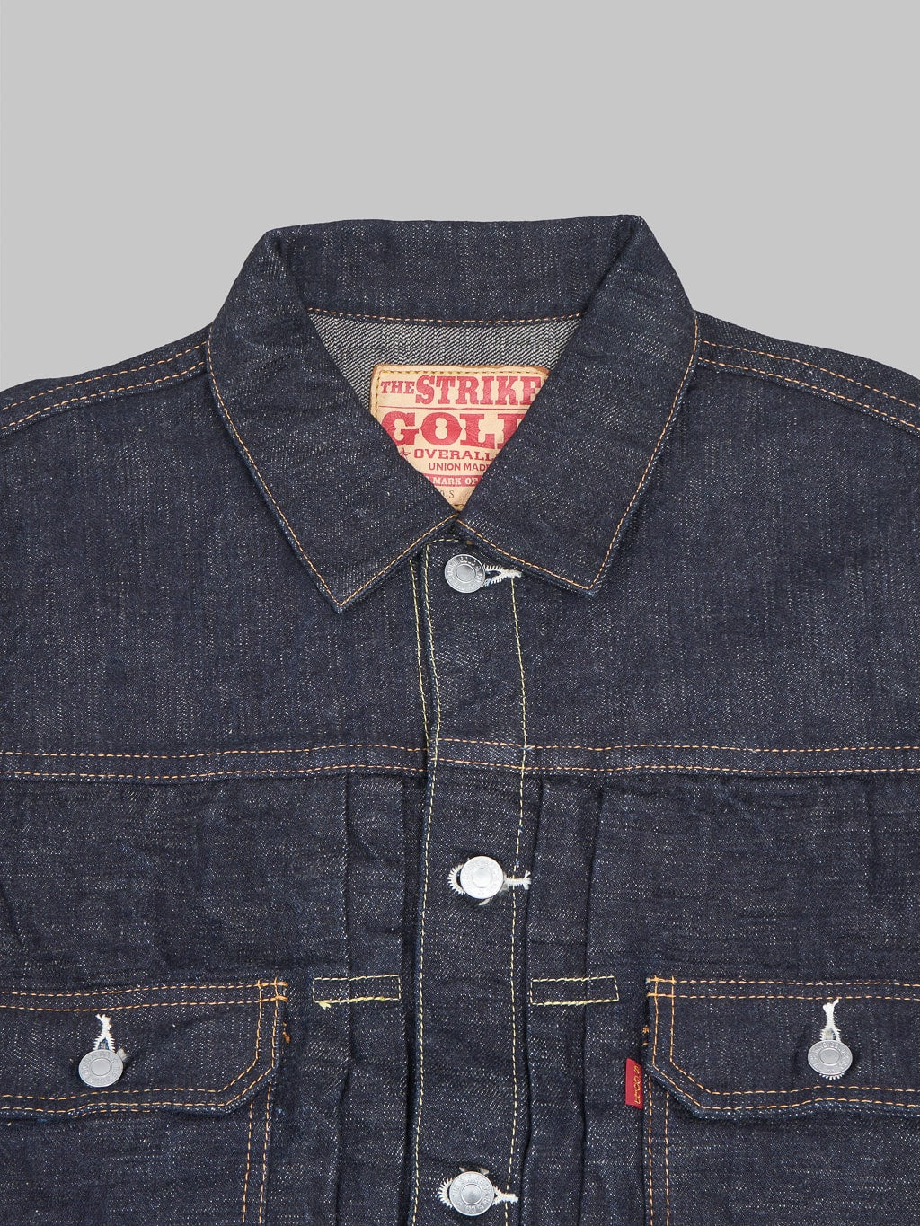 The Strike Gold 15oz Slub Grey Weft Type II Denim Jacket collar