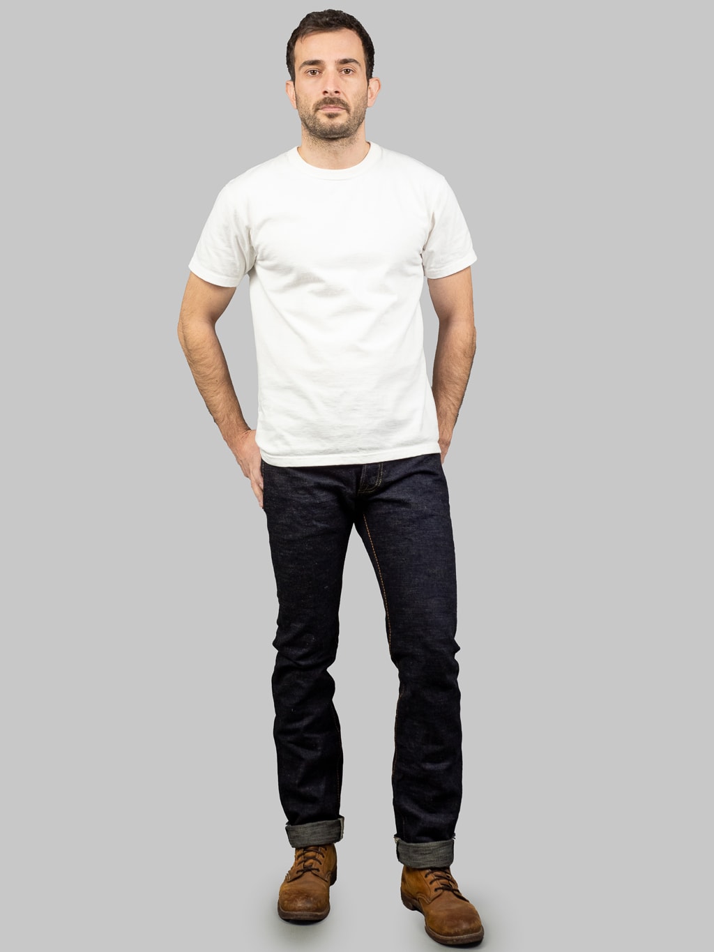 The Strike Gold Slub Weft Slim Jeans fit model front