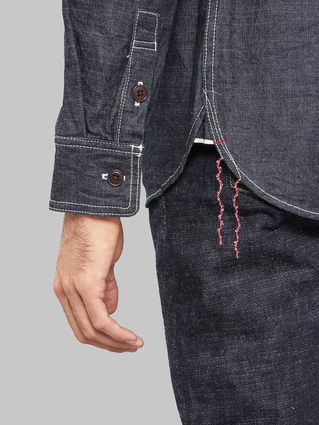 The Strike Gold Grey Slub Selvedge Denim Work Shirt run offs