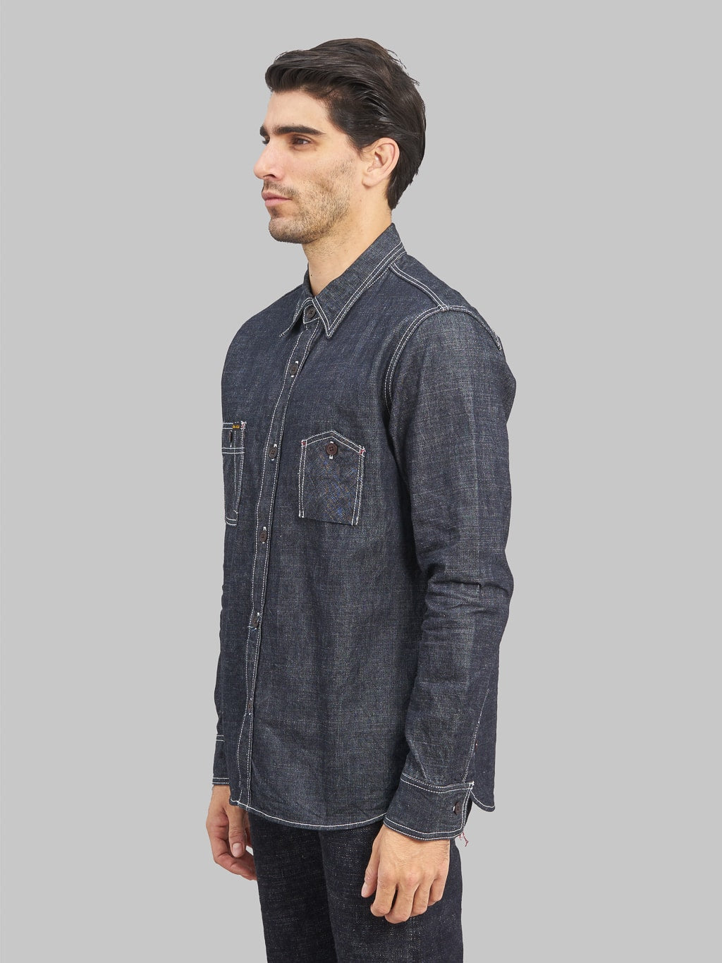 The Strike Gold Grey Slub Selvedge Denim Work Shirt model side fit