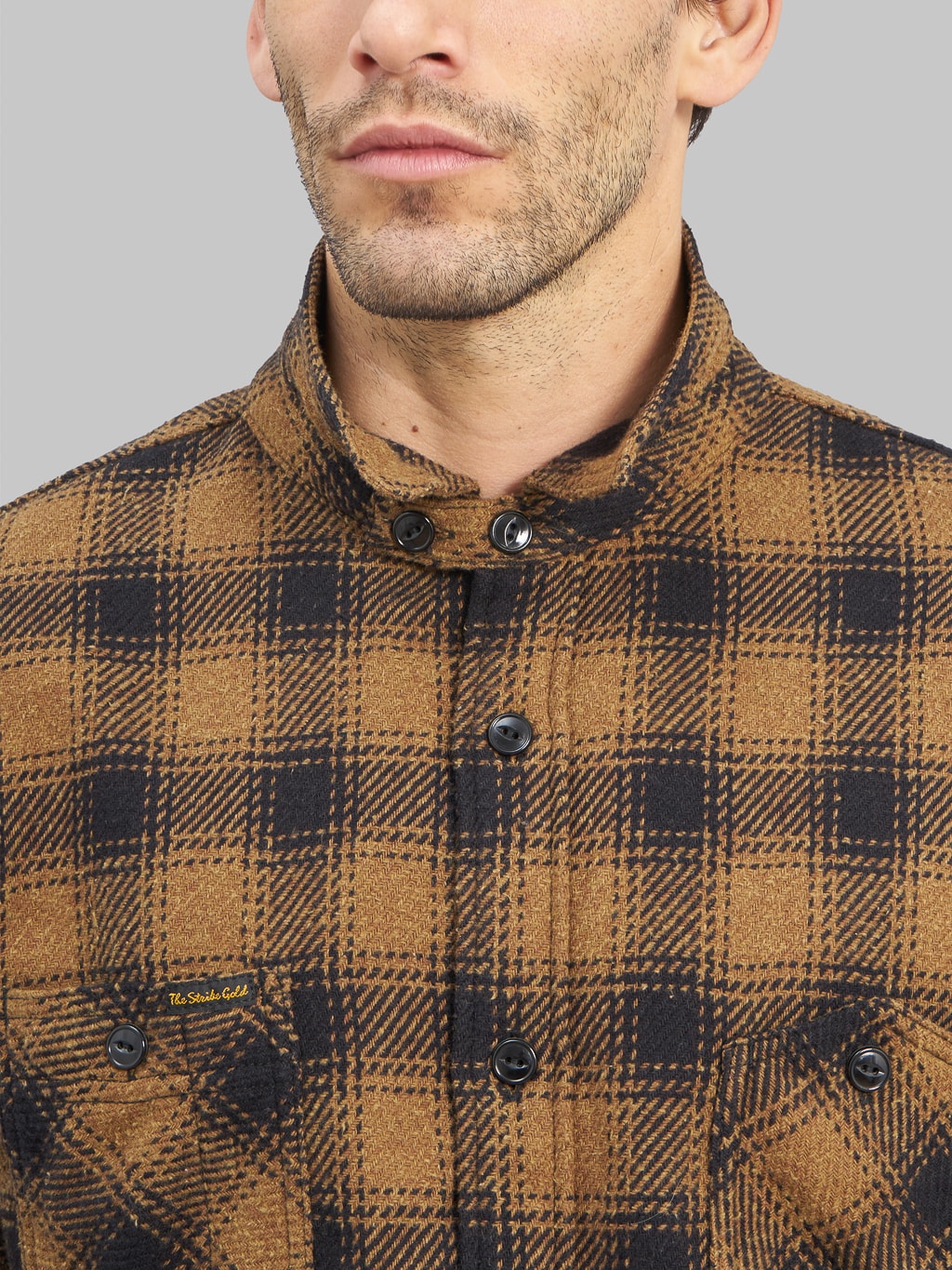 The Strike Gold Recycled Cotton Flannel Check Work Shirt Brown collar details