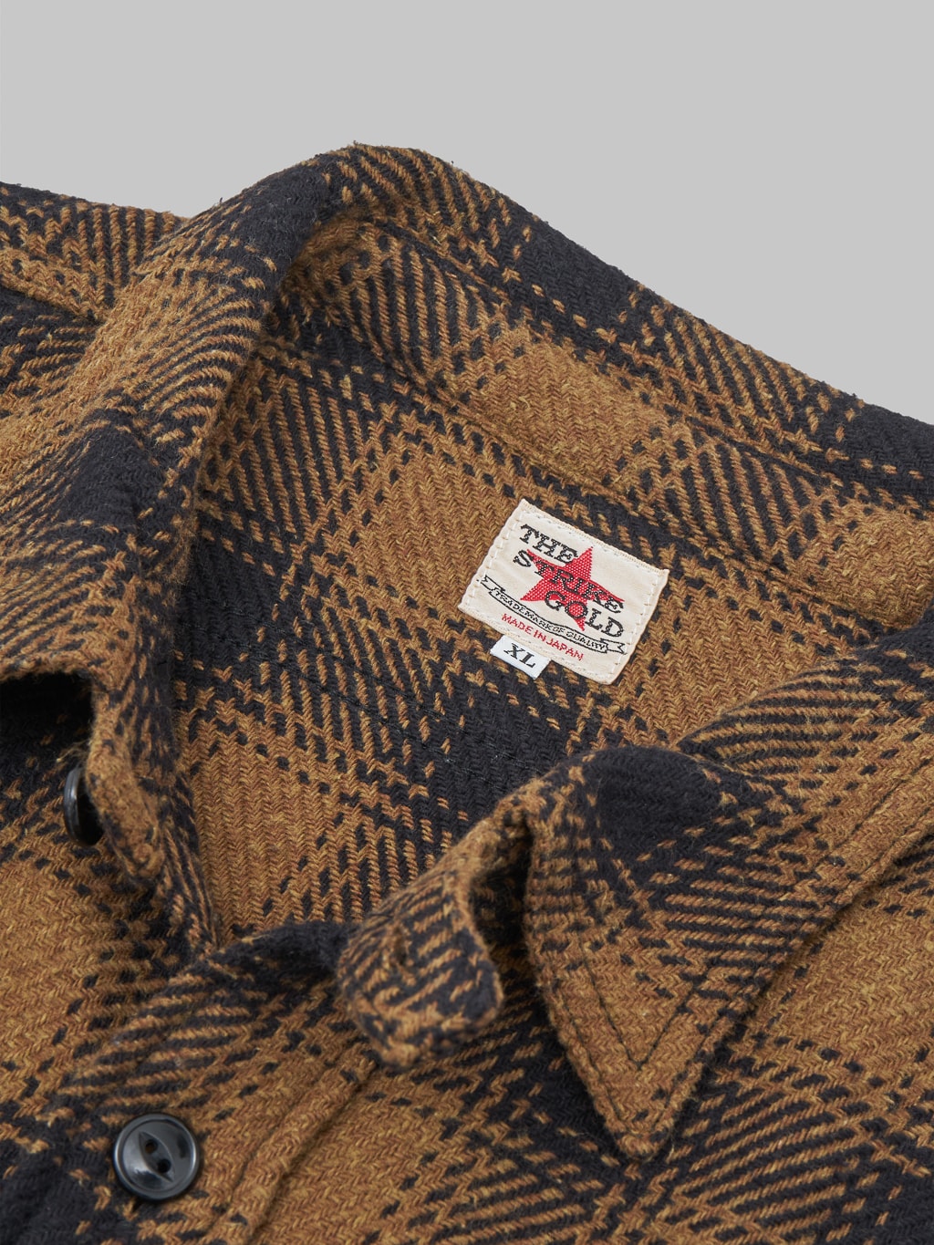 The Strike Gold Recycled Cotton Flannel Check Work Shirt Brown interior tag