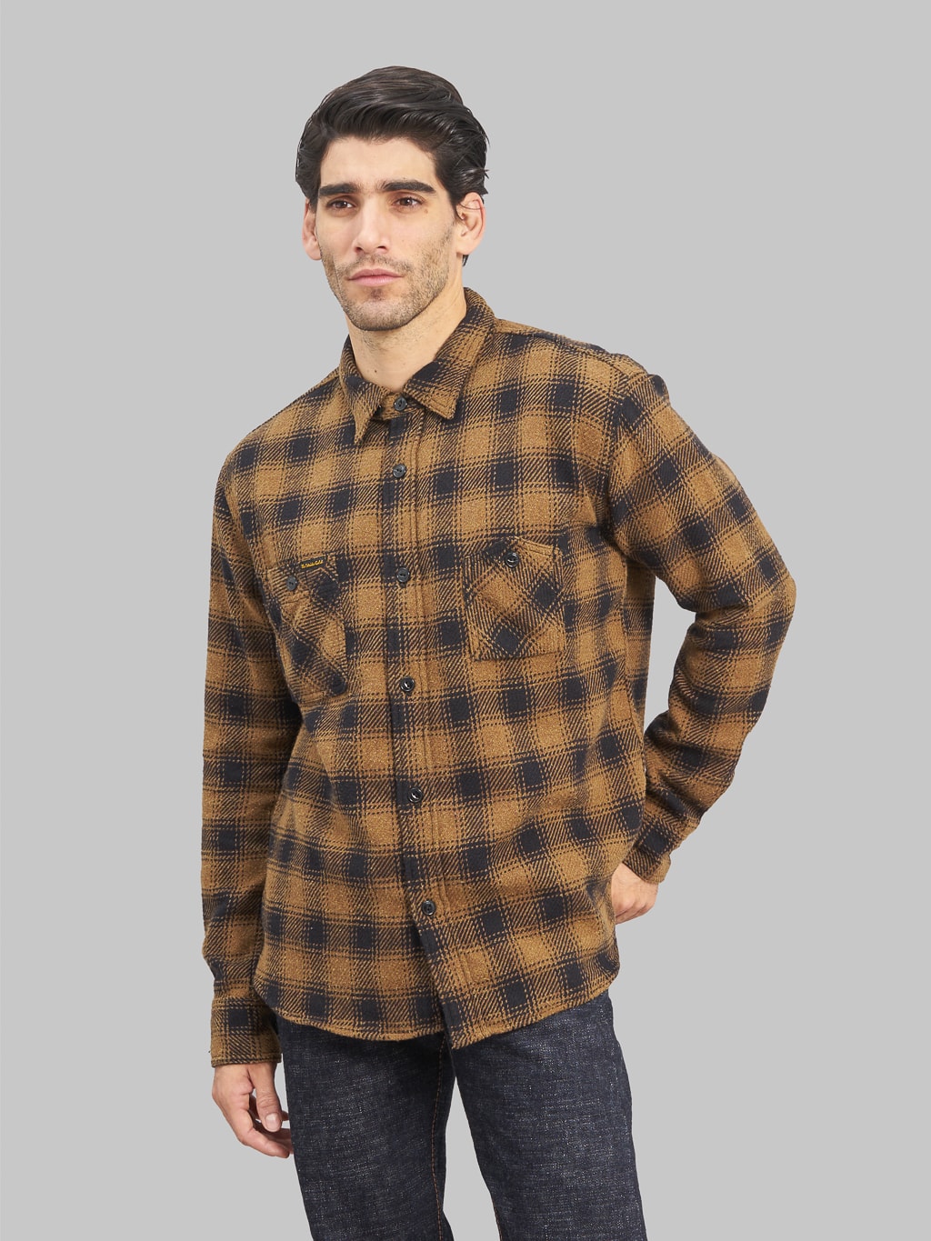 The Strike Gold Recycled Cotton Flannel Check Work Shirt Brown styled