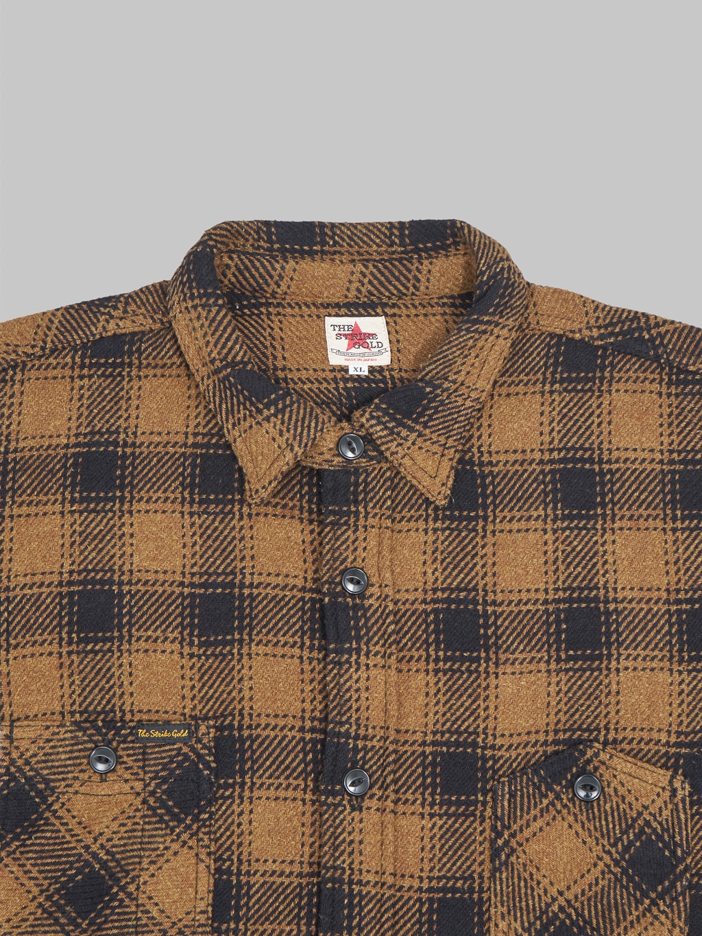 The Strike Gold Recycled Cotton Flannel Check Work Shirt Brown chest details