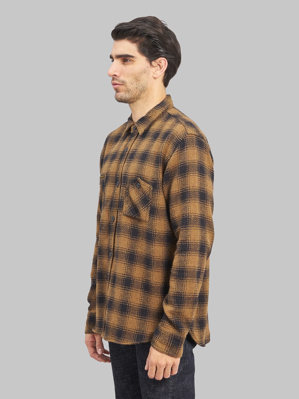 The Strike Gold Recycled Cotton Flannel Check Work Shirt Brown side look